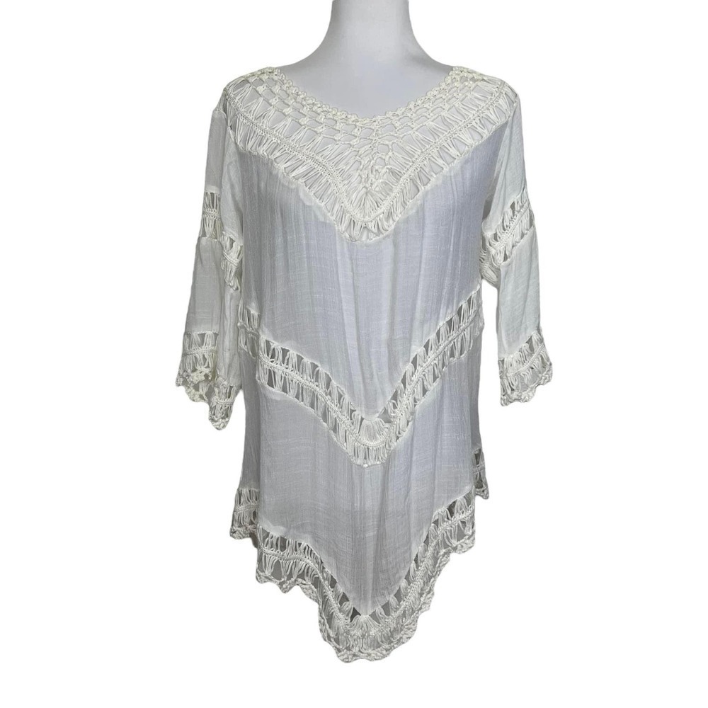Momo New York Crocheted Tunic Cover Up White‎ Sheer Top One Size